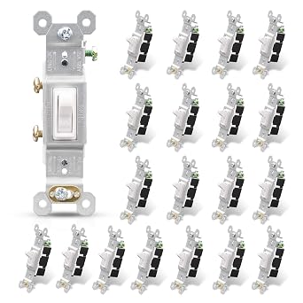 ELEGRP Single Pole Toggle Light Switch, 15 Amp, 120 Volt, Toggle Framed AC Quiet Switch, In Wall On/Off Switch Replacement, Self-Grounding, Residential and Commercial Grade, UL 20 Pack, Glossy White