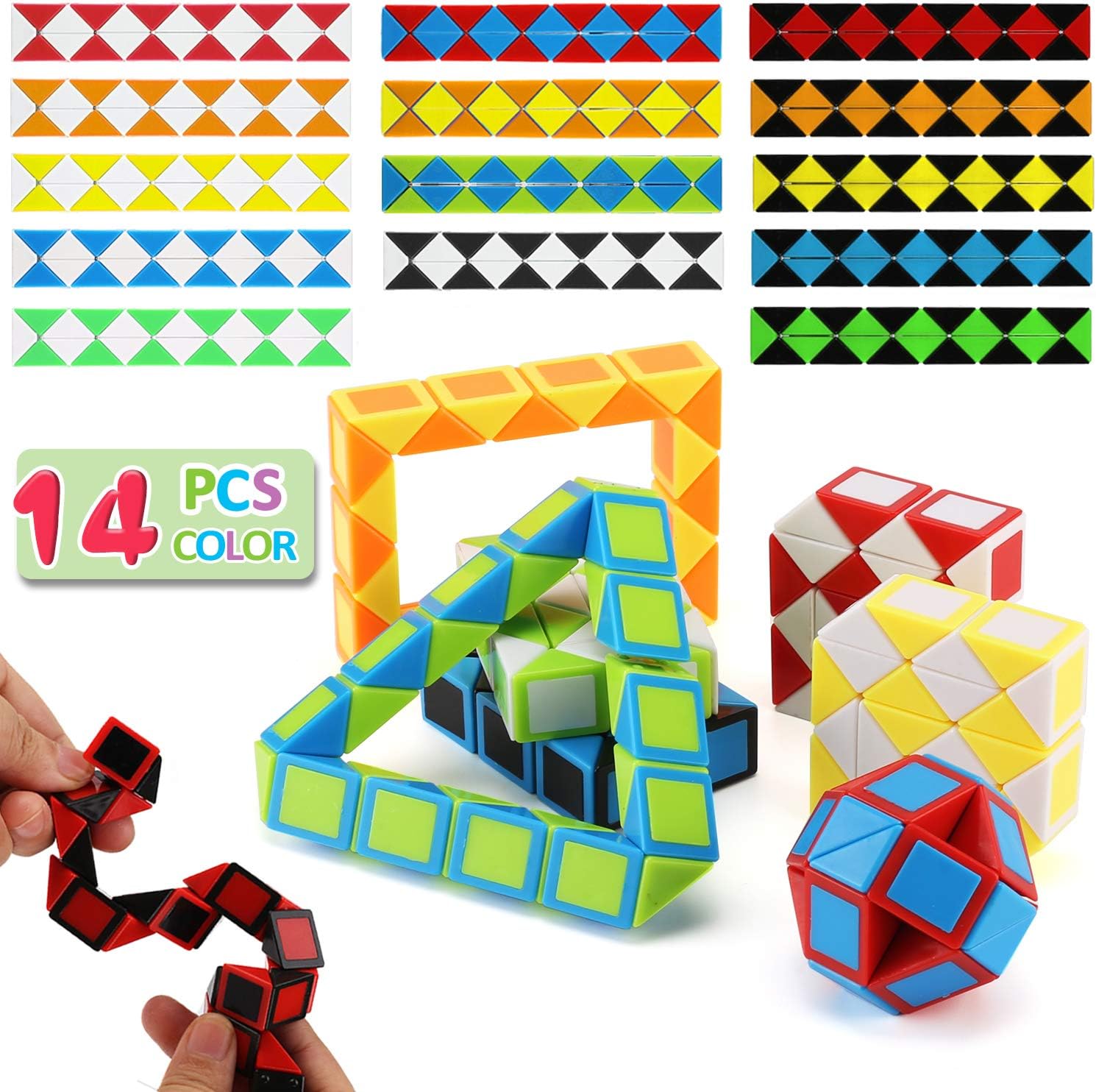 Laxdacee 14 Pack Speed Snake Cube Puzzle Toys Set(24 Blocks), Twist Fidget Gift for Kids Child Boy Girl Brain Teaser Game, Mini Magic Cubes for Goody Bag Filler, Party Favors School Supplies Birthday
