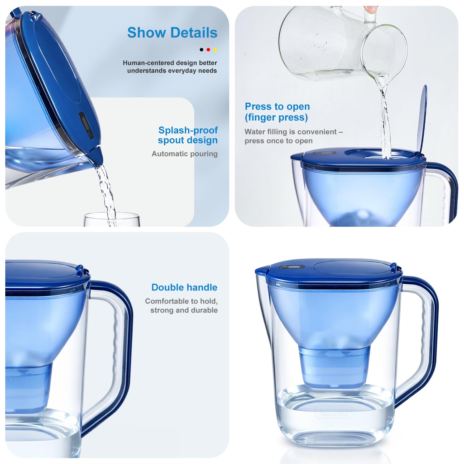 16-Cup Large Water Filter Pitcher with 1 Replacement Filter, BPA-Free Blue Drinking Water Filtration Jug for Tap Water, Reduces Chlorine, Limescale, Lead & Copper, High Capacity Water System
