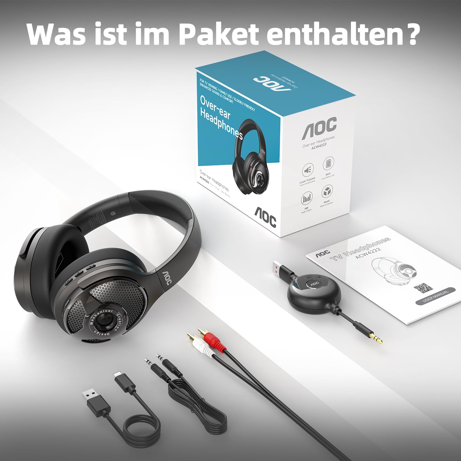 AOC Funkkopfhörer für Fernseher, Wireless TV Headphones mit 48 Std Akkulaufzeit, Keine Audioverzögerung, Blutooth-Kopfhörer, Plug-und-Play, Kabellose TV-Kopfhörer mit TV-Sender für Senioren, Schwarz