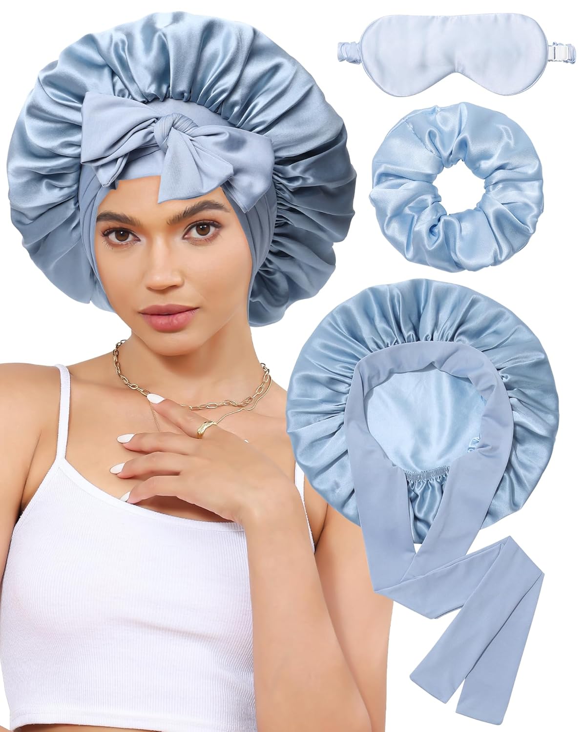 100% Mulberry Silk Bonnet for Sleeping Women Silk Hair Bonnet Elastic Tie Band with Silk Hair Scrunchies Silk Sleep Eye Mask(Mist Blue+Sky Blue)
