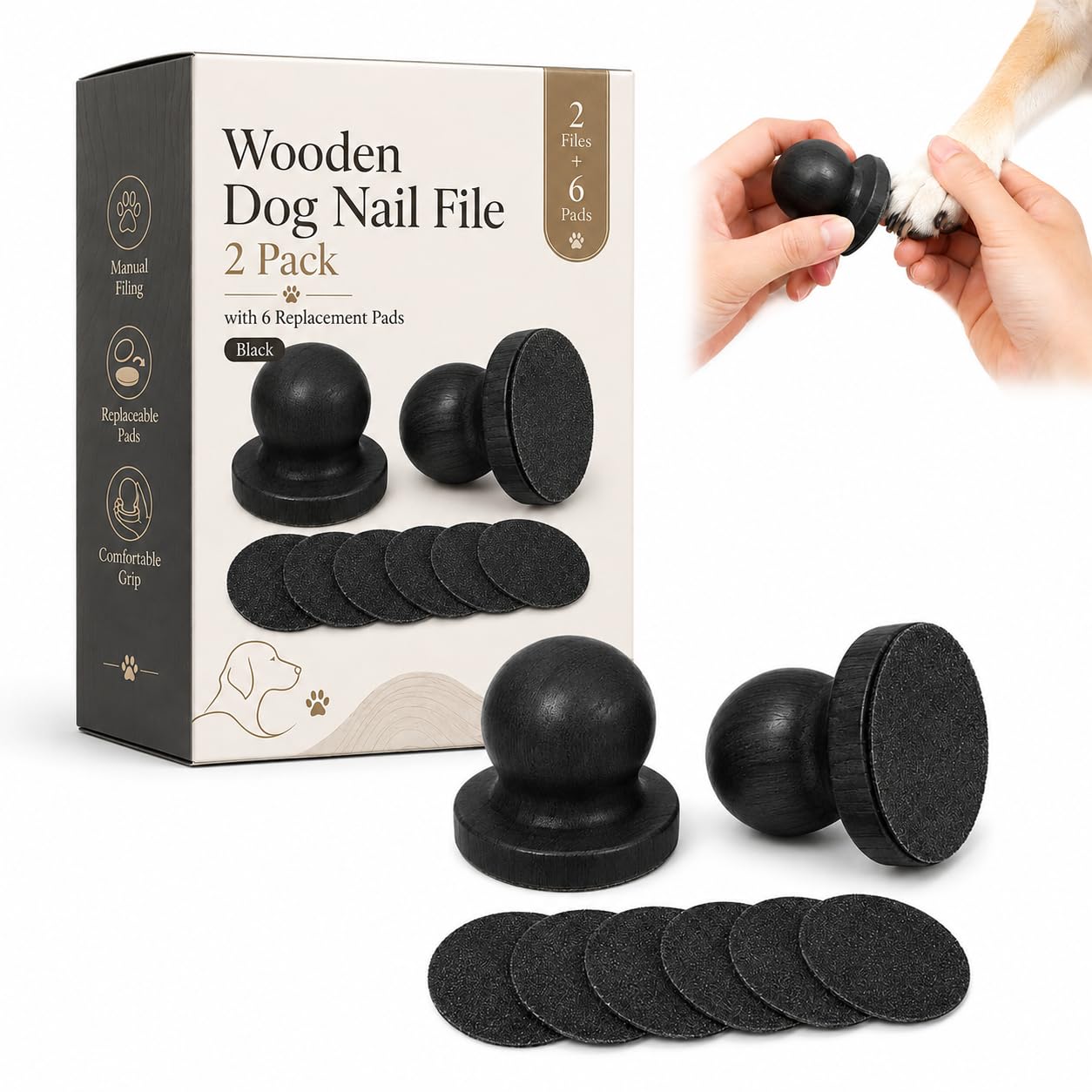 Hundenagelfeile aus Holz, 2er-Set mit 6 Ersatz-Schleifpads，Schwarz | 2 Hundenagelfeilen aus Holz, austauschbare Schleifpads und manuelle Kontrolle für die regelmäßige Krallenpflege