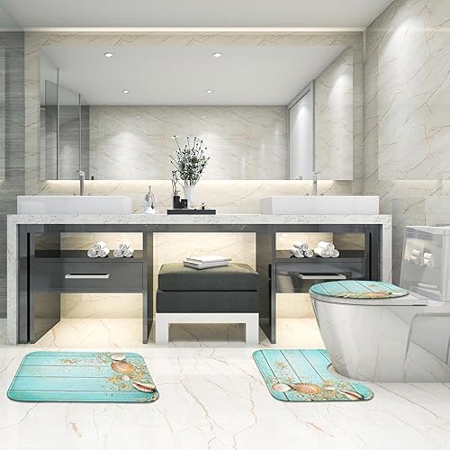 Miniatura 4 de Britimes Juego de 3 alfombras de baño de conchas de playa, juego de 3 alfombrillas de baño, antideslizantes, lavables, decoración para cocina, baño,