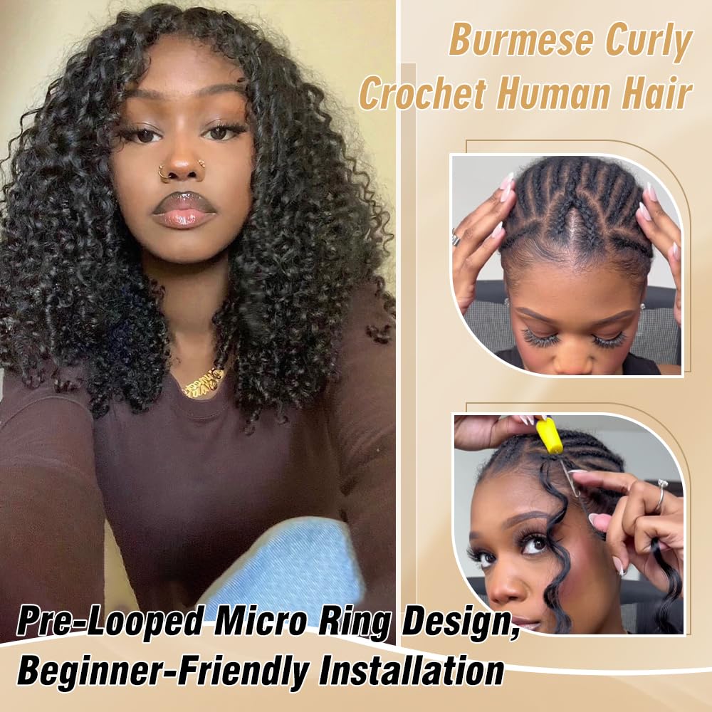 Renyarch Miracle Knots Hair Crochet Human Hair - Extensiones de Pelo Humano Burmese Curly Pre-Separado para Mujeres Negras, 2 uds 50g Crochet Braids Water Wave Nudos Invisibles, 16 Pulgadas 1B#