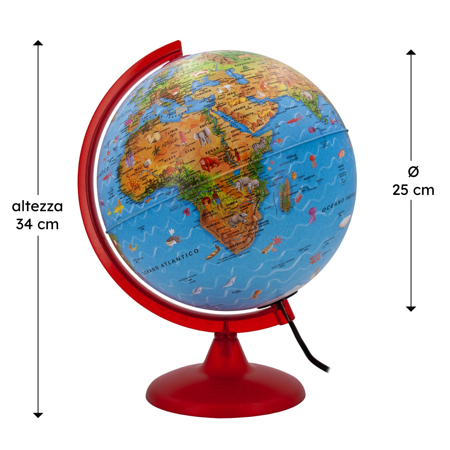 Tecnodidattica - Mappamondo ZOO | Globo mappamondo luminoso e girevole | Cartografia fisica con illustrazioni | Testi in italiano | Diametro 25 cm