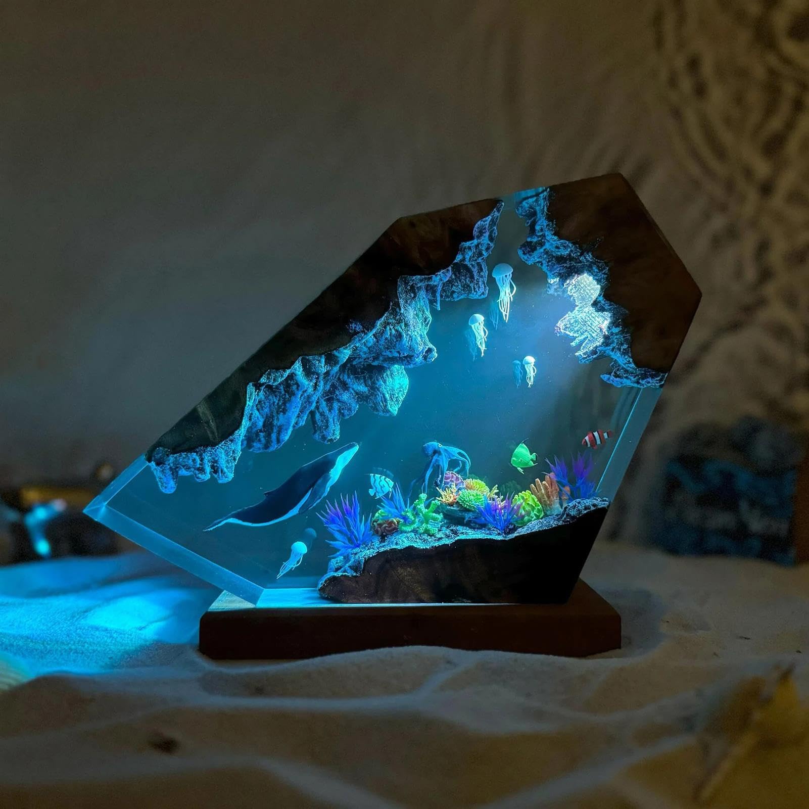 Żywica artystyczna lampa z kontrolą koloru, drewniana podstawa lampka nocna do dekoracji biurka, idealna do dekoracji biura i łazienki