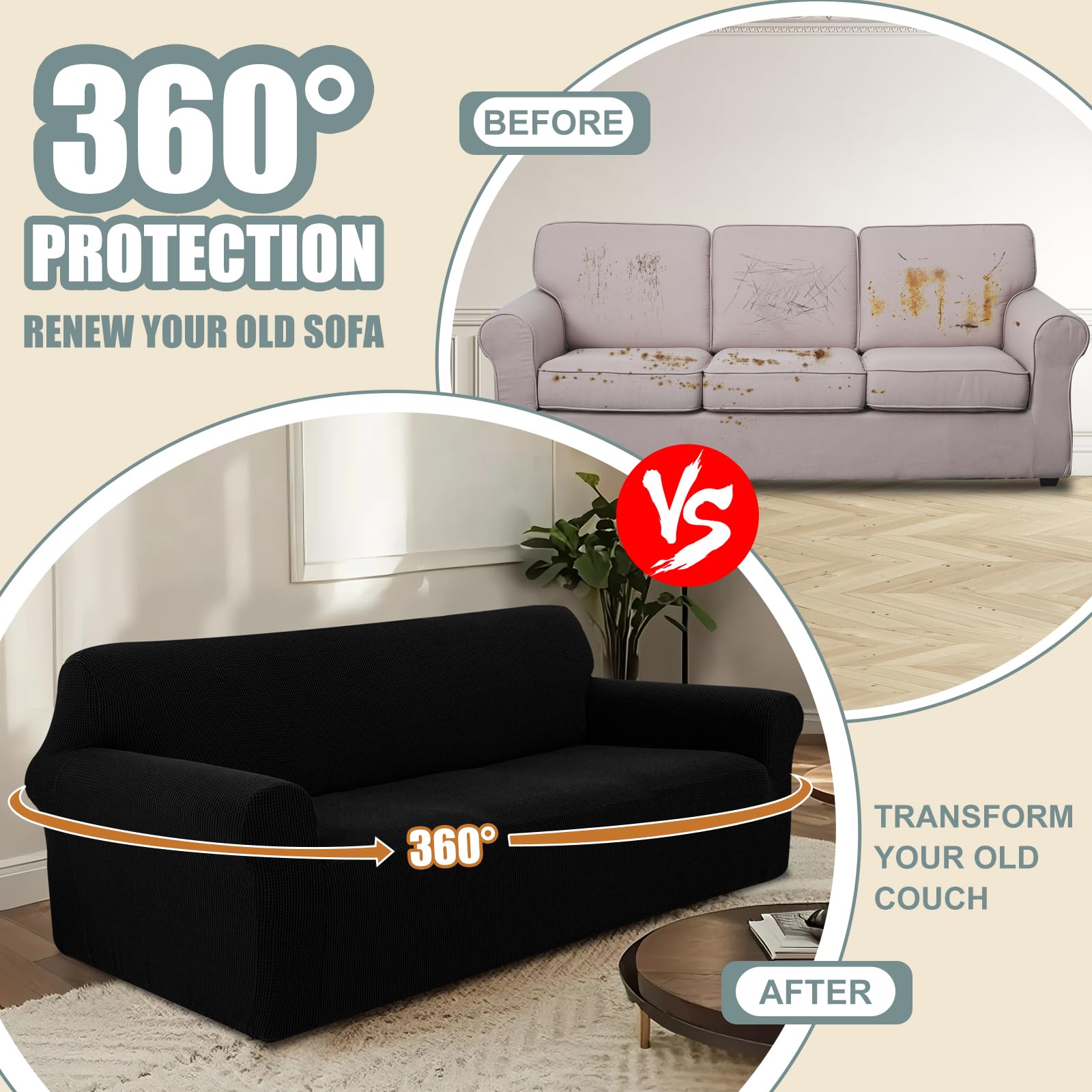 Stretch Sofaüberzug waschbar Rutschfester Möbelschutz mit elastischem Bund & Schaumstoff Kratzfester Sofabezug für Kinder,Hunde und Haustiere(XL Large/Black)