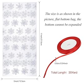 Boao 100 Pcs Christmas Cellophane Treat Bags Snowflake Goodie Candy Bag with Ribbon for Winter Holiday Christmas Party Supplies(White Bag with Red Ribbon)