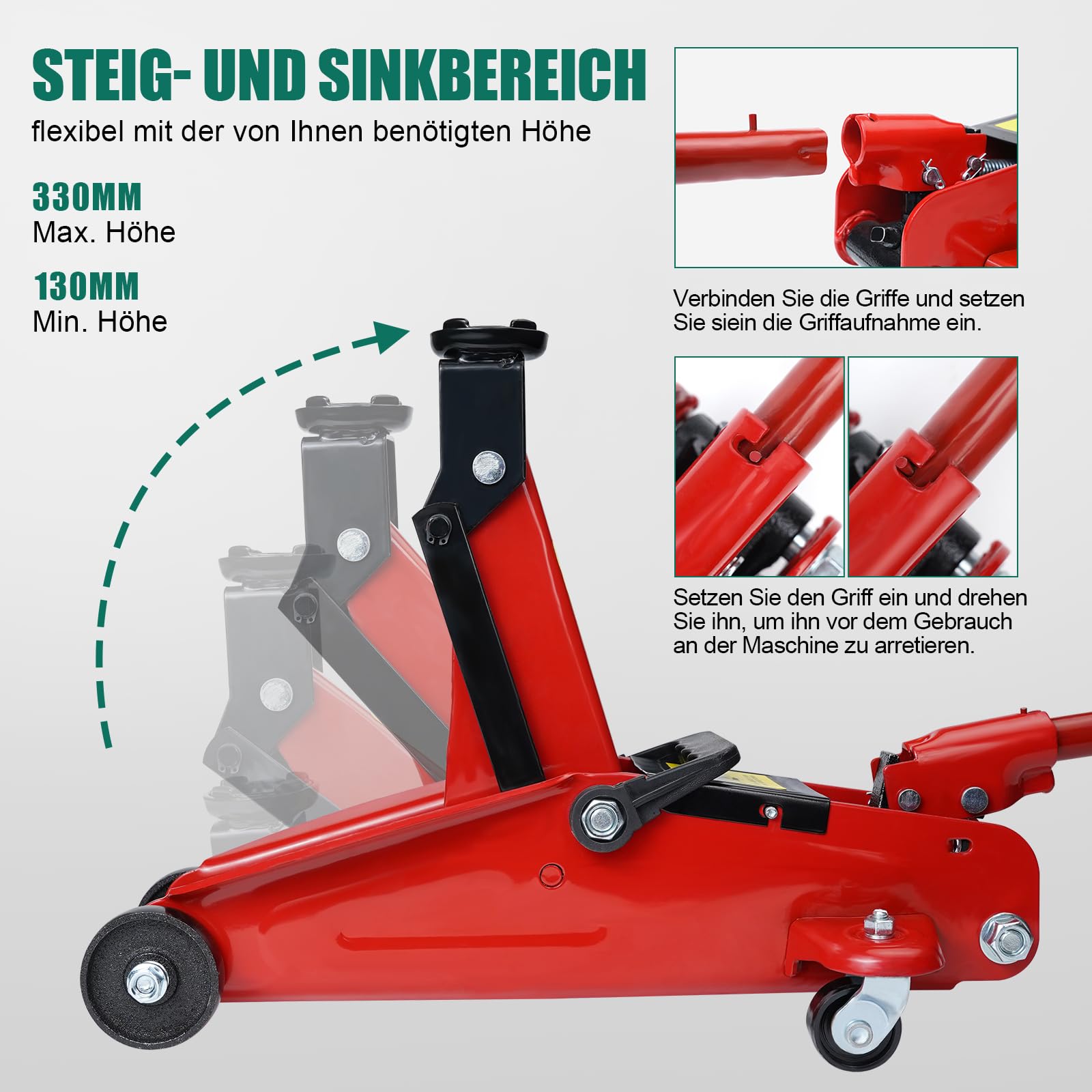 HYCHIKA Hydraulischer Wagenheber Hydraulisch 2.0T, Rangierwagenheber mit Hydraulischer Kolben-Schnellhubpumpe, Hydraulikheber, 135-320 MM Hubbereich, für Limousine, SUV, Reifenwechsel Ersatz
