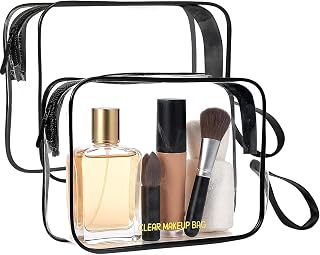 Icramsy Clear TSA Approved Toiletry Bag 2 Pack - Travel Makeup Cosmetic Hanging Organizer for Women Men (Black, 7.87x6x2")
