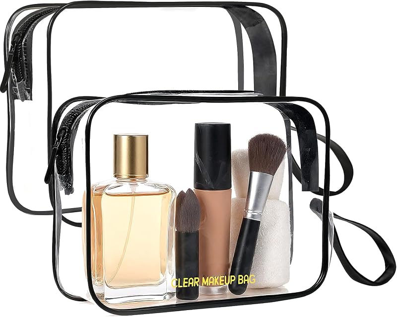 Bolsa de maquillaje transparente Icramsy, paquete de 2 bolsas de aseo aprobadas por la TSA para mujeres y hombres | Diseño portátil, resistente al agua, compatible con las aerolíneas del aeropuerto, bolsa de cosméticos transparente para artículos de tocador