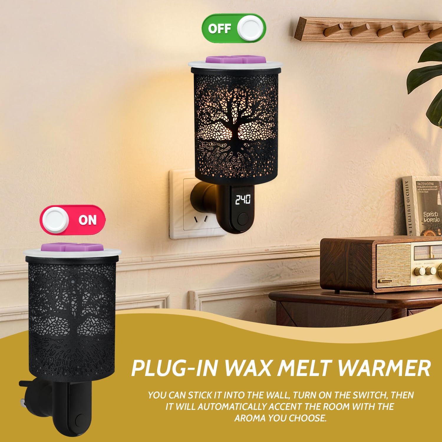 Plug-in Wax Warmer with Digital display timer and 1 pic Silicone Liner, Metal Electric Wax Burner, Fragrance Warmer and Night lamp, for Home Bedroom Kitchen Garage Gifts Décor Aromatherapy Spa（Banyan）