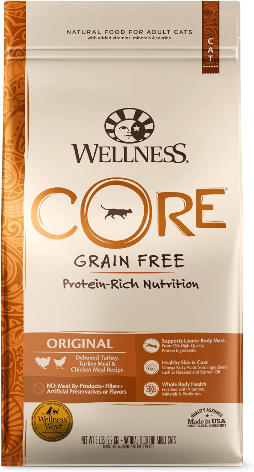 Wellness CORE Grain Free Dry Cat Food, Original Recipe, Turkey, 5 Pound Bag Bundle Kittles Natural Grain Free Cat Treats (Chicken, 2 oz)
