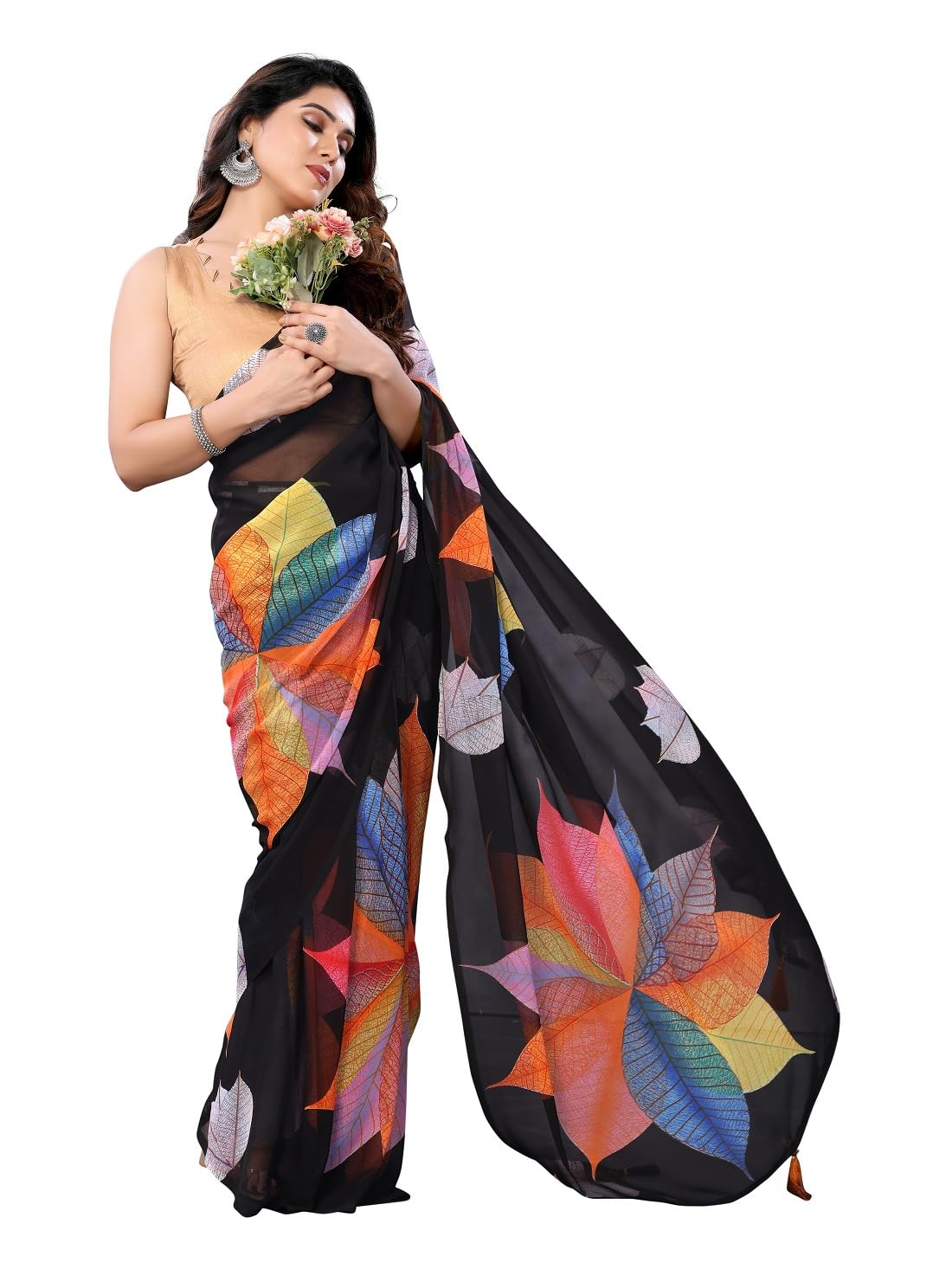 RAJESHWAR FASHION WITH RF Readymade Pleated Pre Drape Stitched Floral Printed Georgette Saree For Women's With Lace Border & Blouse(Ready To Wear One Minute)