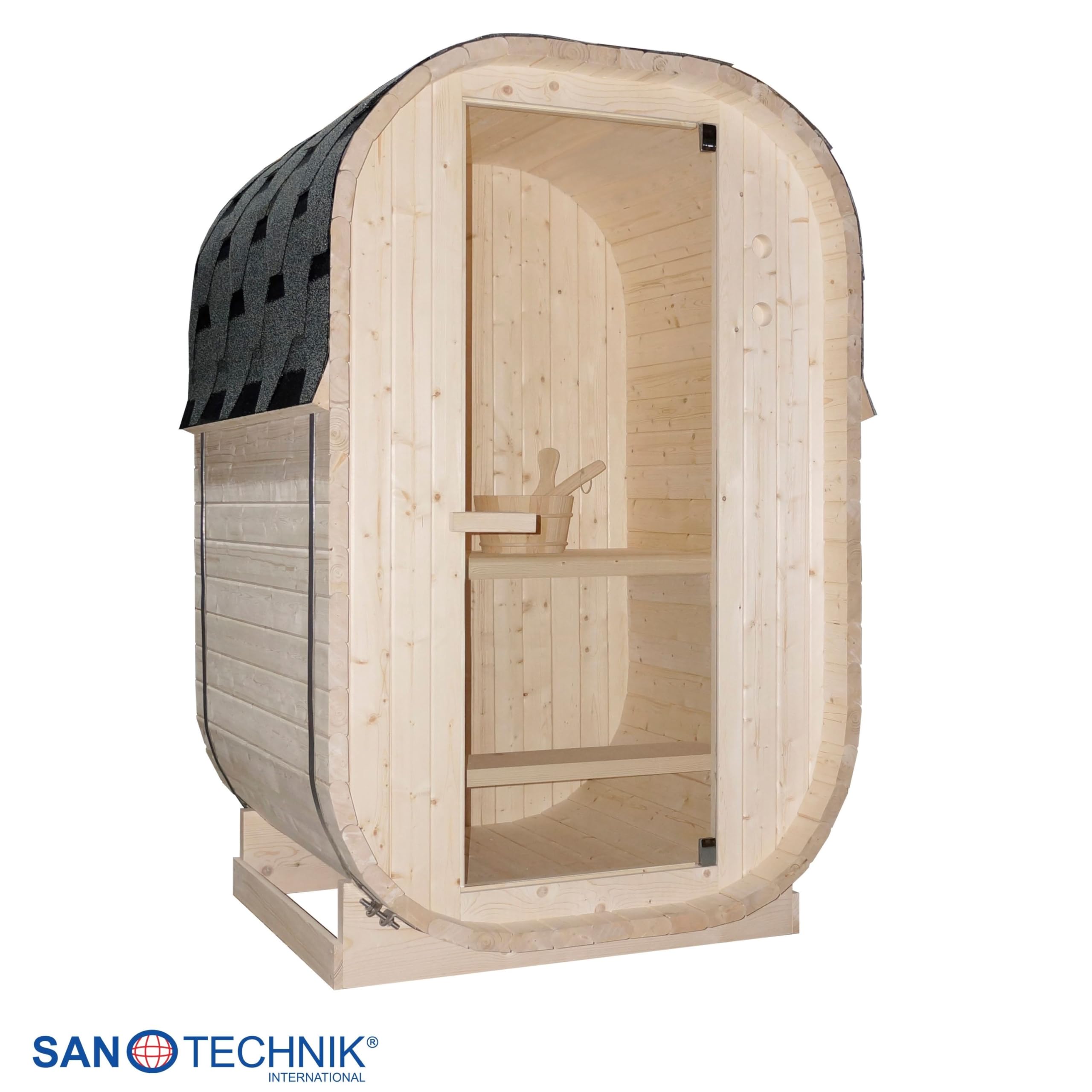 SANOTECHNIK Sauna tonneau d'extérieur Lindholm, 128,2 x 120 x 194 cm, 1-2 personnes, poêle 3,6 kW