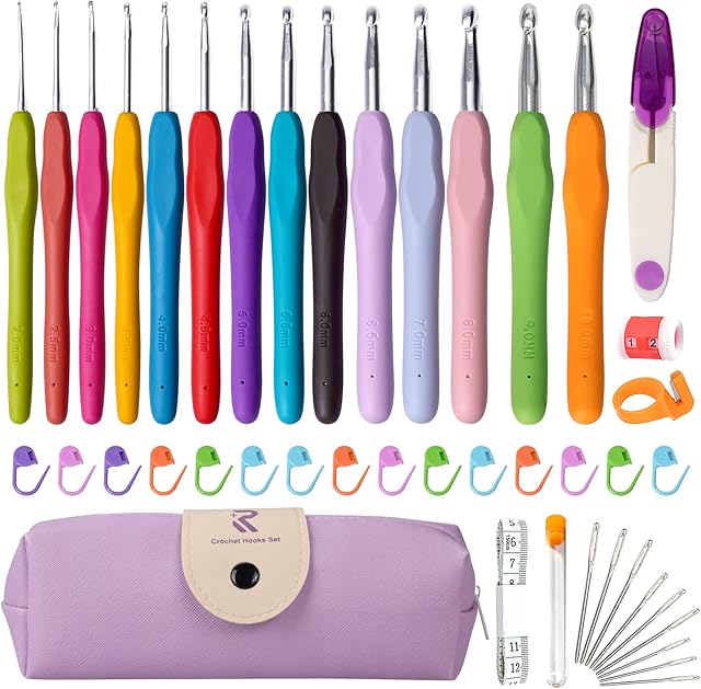 Crochet Hooks Set, RealPlus 14 Pcs Full Size (2-10mm)Crochet Set, Crochet Kits for Beginners Adults, Ergonomic Rubber Soft Grip Handles, Crochet Gifts for Sister, Mother, Daughter (Purple)