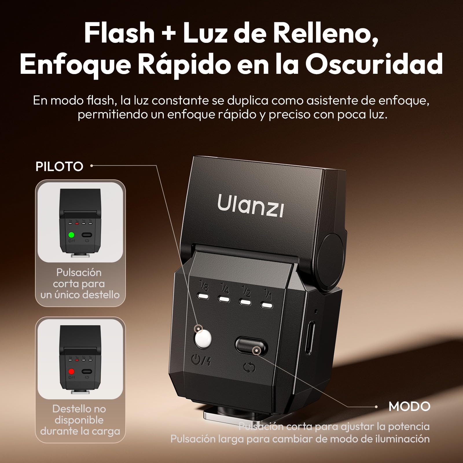 ULANZI SL03 Mini Flash para Cámara con Luz de Vídeo, Flash Externo GN8 6500K, Ángulo Ajustable de 90°, Compatible con Cámara réflex Digital Sony/Canon/Fuji/Nikon, Montura Universal de Zapata Caliente