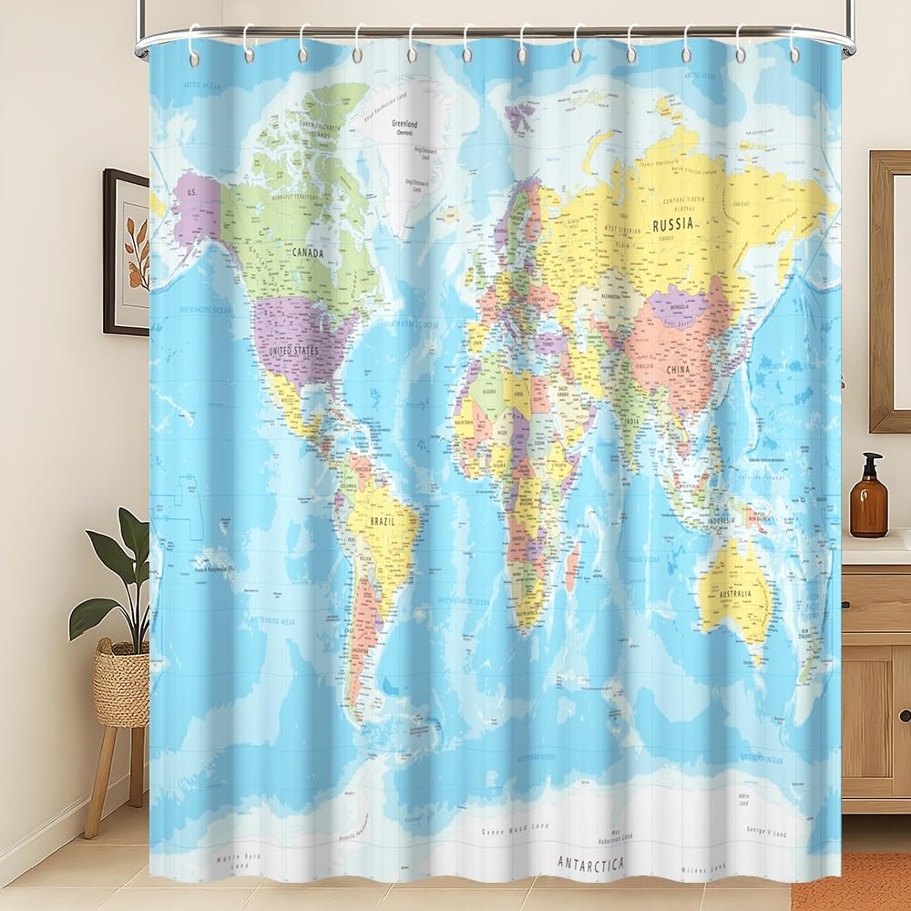 Tenda da doccia con mappa del mondo Tenda da bagno con oceano blu e continenti Mappa del mondo Geografia Tenda da doccia Tessuto impermeabile lavabile in lavatrice 200x180cm