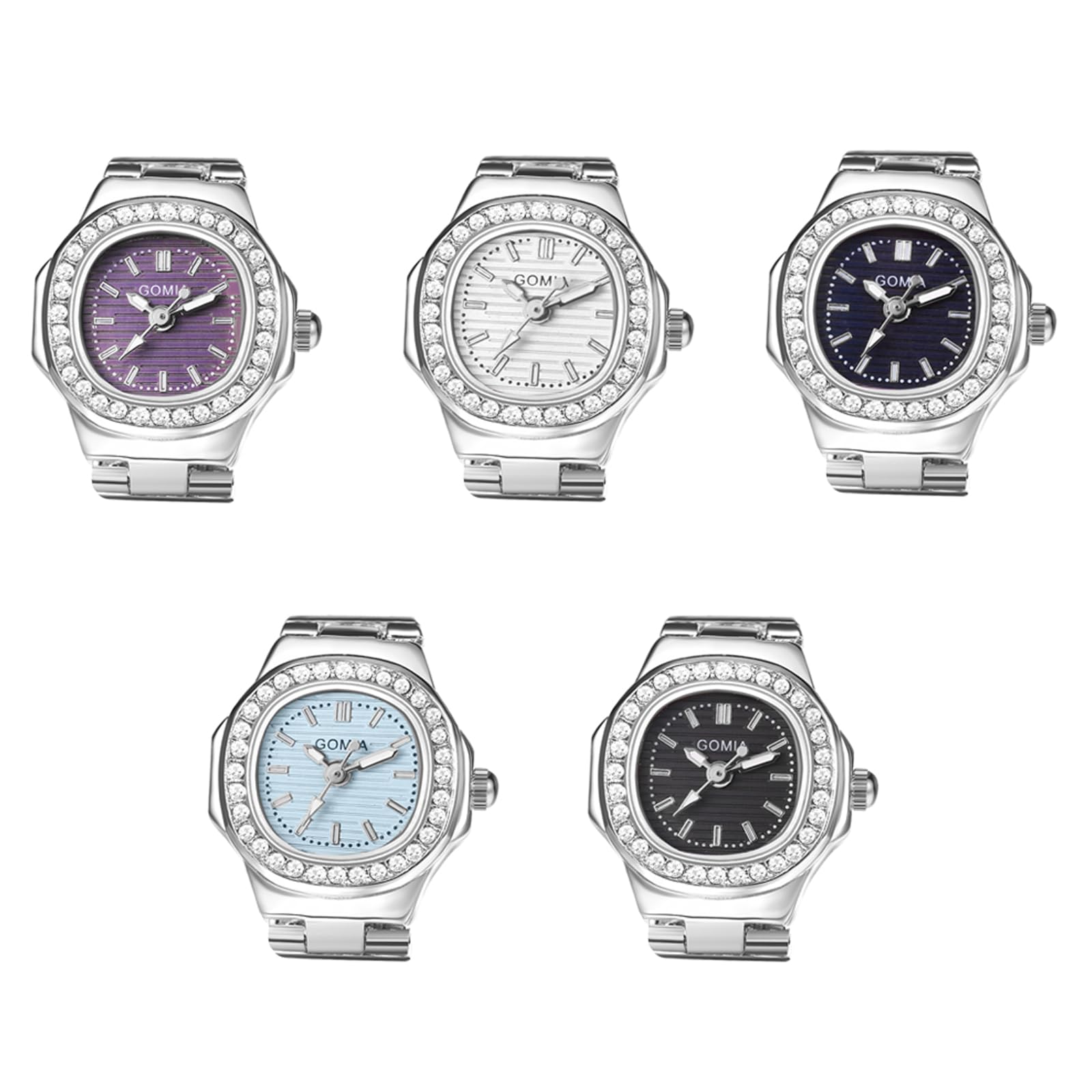 JewelryWe Ringuhr Fingeruhr Damen Uhren - Quadrat Quarz Analoge Verstellbar Metall Ring Uhr Frauen Glitzer Strass Fingerringuhr Uhrenring mit Schwarz Rechteckigem Zifferblatt
