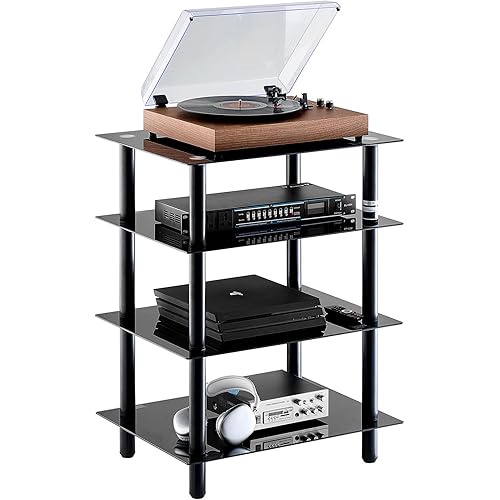 VEVOR 4-Tier AV Media Stand, Audio/Video Stand with Strengthened Tempered Glass Shevles for DVD/Cable Boxes/Games Consoles, Height Adjustable Media Storage Cabinet for Gaming/Recording Room