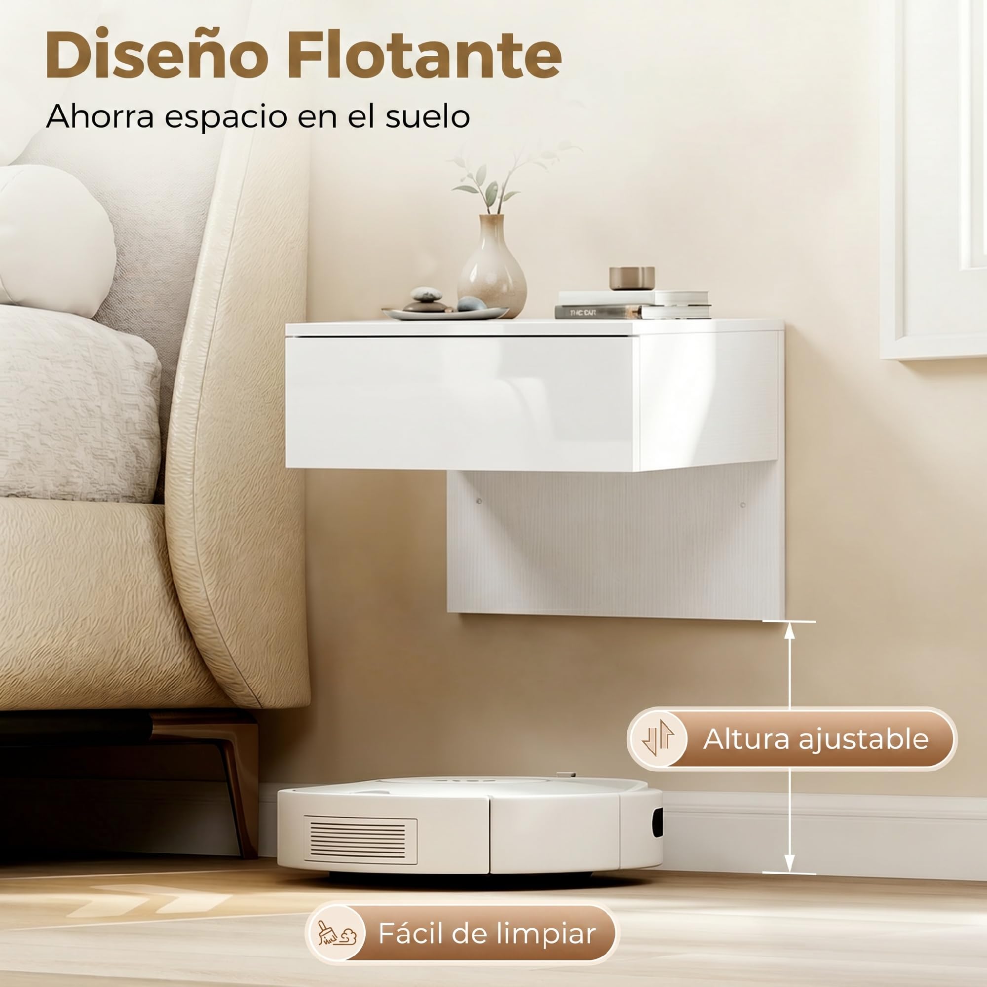 HOMCOM 2 Mesitas de Noche Flotantes con Cajón 40x35x36,2 cm Blanco Brillo