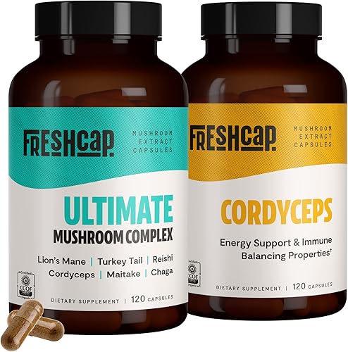 FreshCap Mushrooms Paquete energético (cápsulas Cordyceps y cápsulas de complejo de hongos definitivos)