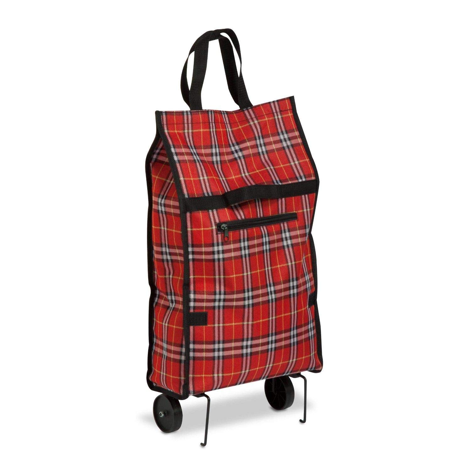 Honey-Can-Do CRT-02224 Fold-Up Fabric Rolling Bag Cart with Handles, Holds up to 40-Pounds, Plaid, 12.5L x 5.12W x 24.75H