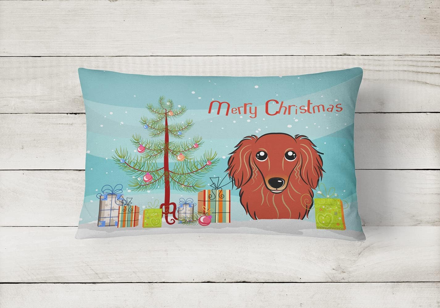 Caroline's Treasures BB1586PW1216 Christmas Tree and Longhair Red Dachshund Canvas Fabric Decorative Pillow Machine Washable, Indoor Outdoor Decorative Pillow for Couch, Bed or Patio, 12HX16W