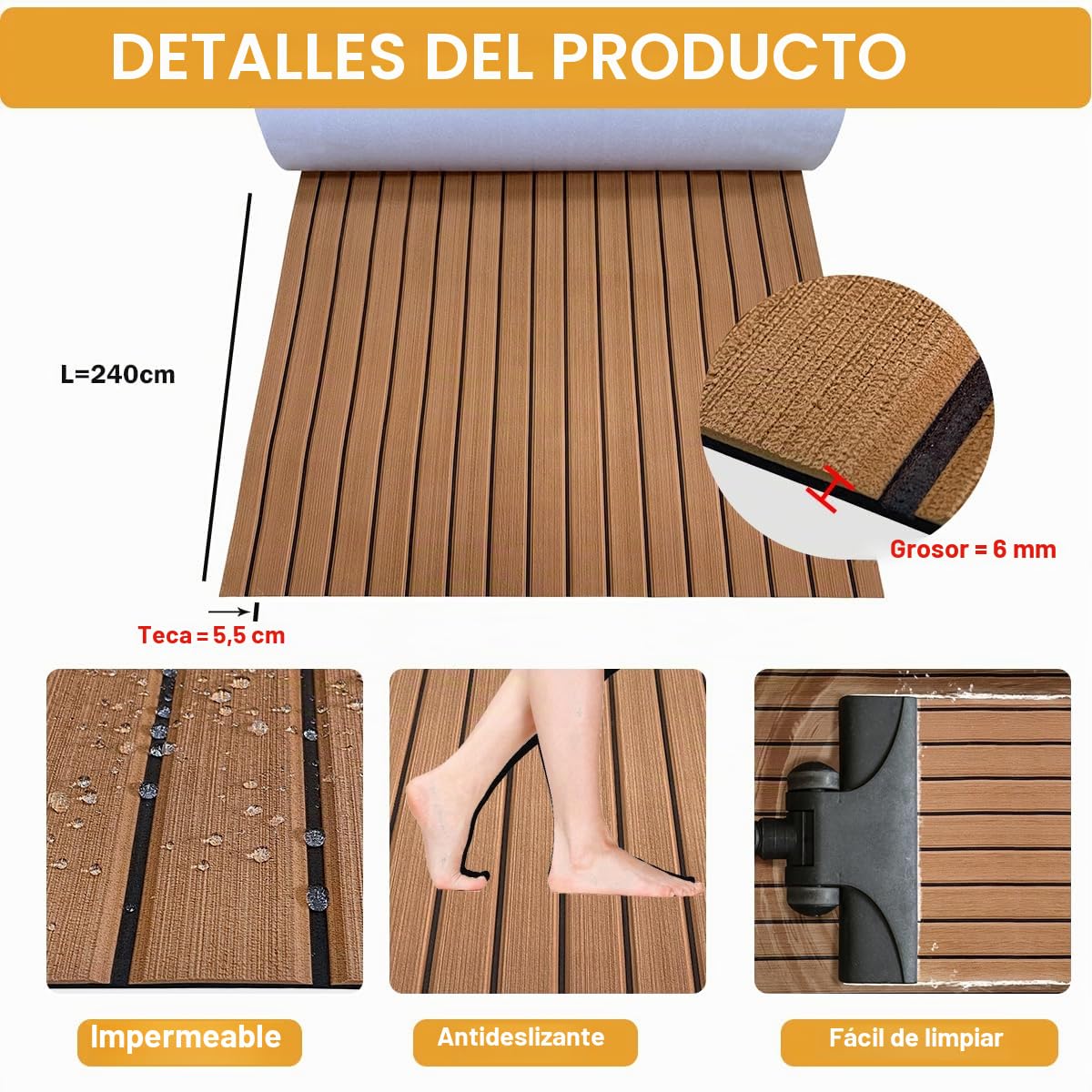 Imitación de Teca Sintetica Barco Espuma EVA Suelo para Barcos 240x112/90/55/41cm Autoadhesiva Estera Antideslizante Alfombras Marino Motora RV Yate Kayak de Pesca Hoja de Cubierta Piscina