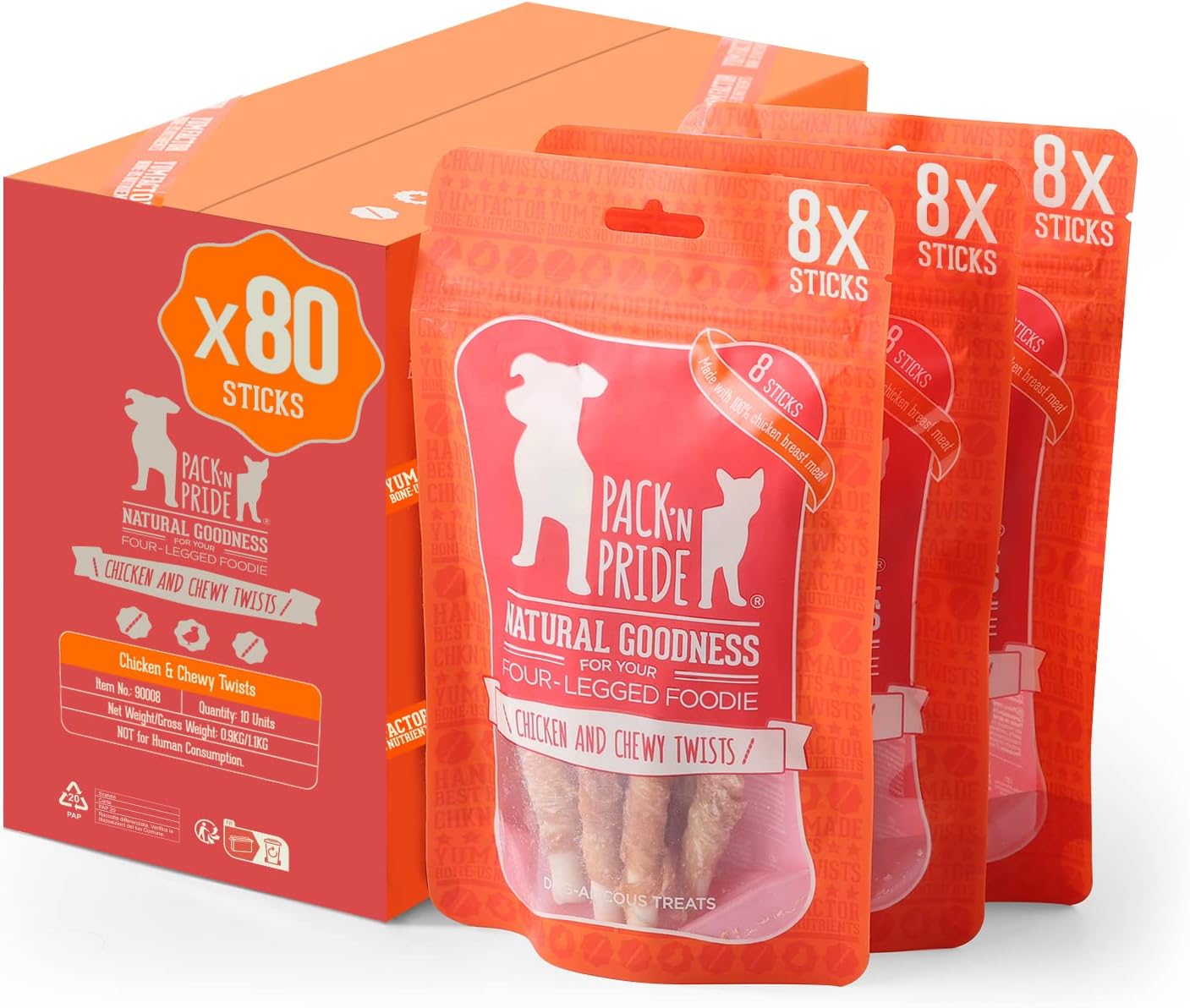 PACK'N PRIDE Dog Treats Chewy Twists, 10 Pack (900g in total) Rawhide