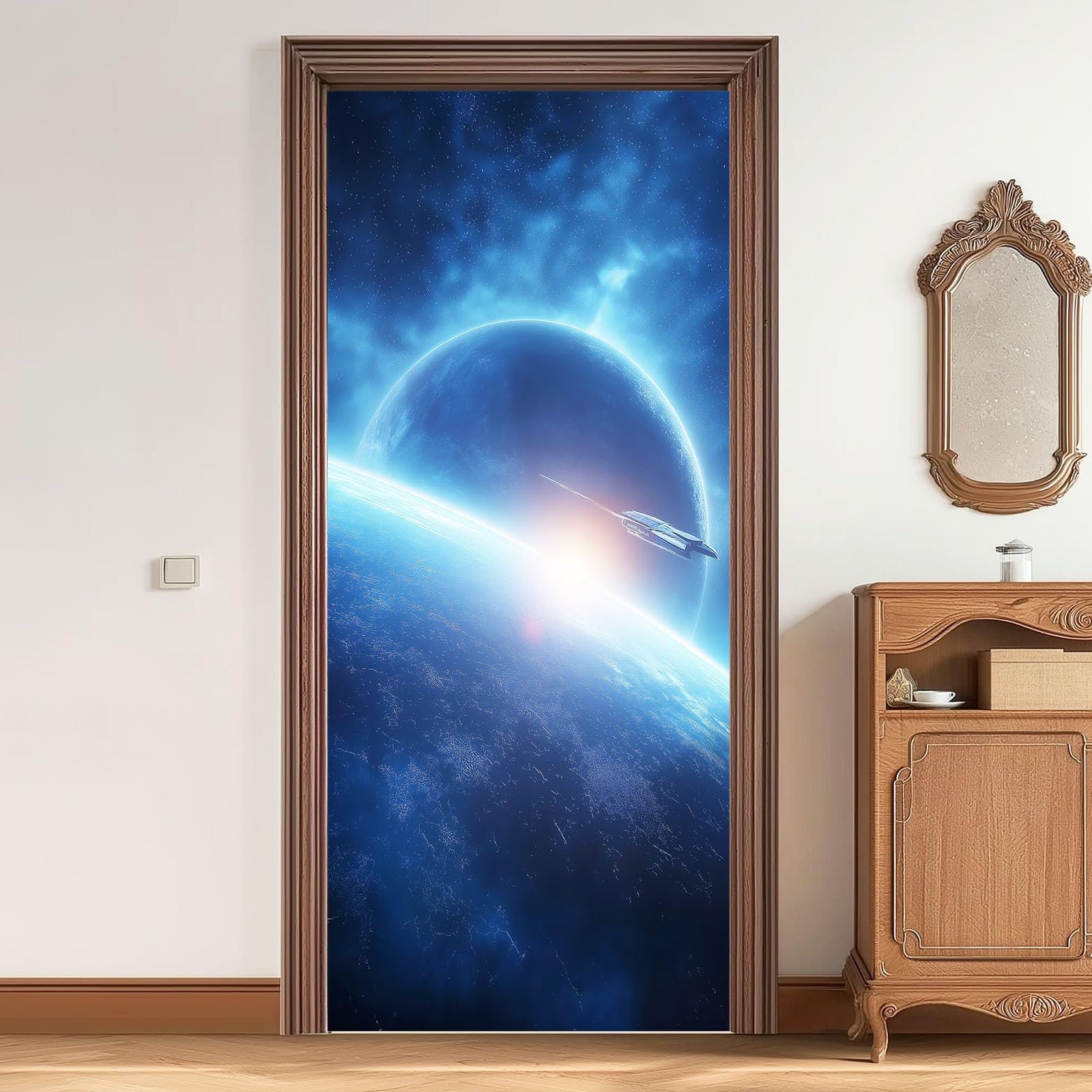 Galaxie Space samoprzylepna naklejka na drzwi, 88 x 200 cm, wszechświat, planety, gwiaździste niebo, plakat na drzwi, niebieska, wodoszczelna, zdejmowana folia 3D, fototapeta do sypialni, łazienki