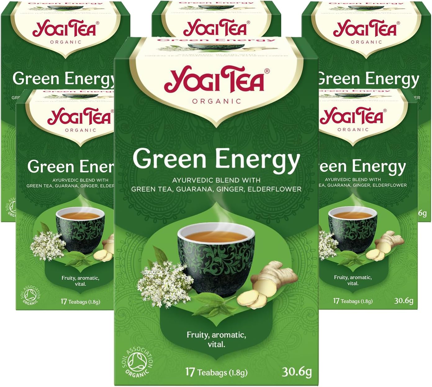Green Energy, Organic Herbal Tea, Blend of Green Tea, Guarana, Ginger and Elderflower, 6 Packs x 17 Tea Bags (102 Teabags Total)
