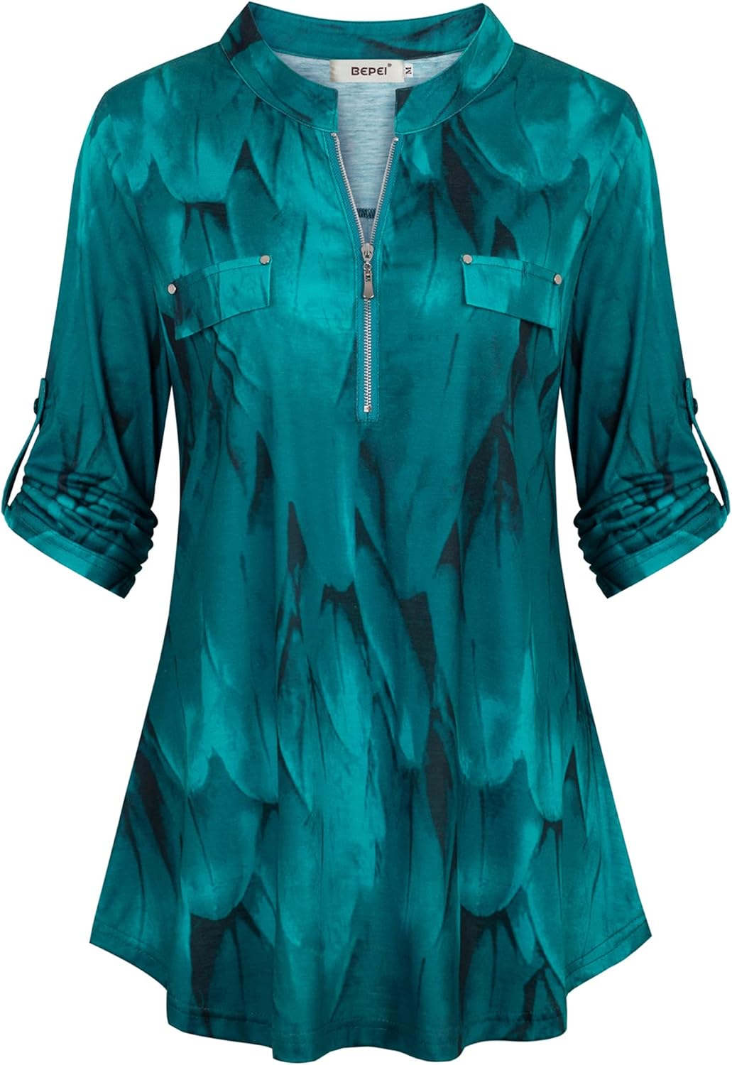 BEPEI Womens Floral 3/4 Sleeve Shirts Zip up V Neck Work Chiffon Blouses Top