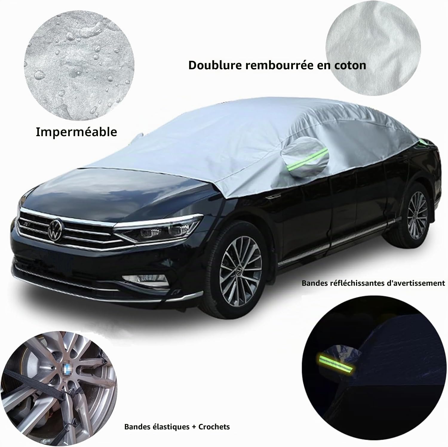 Housse pour Voiture Exterieur, Demi Bâche voiture Housse de Protection Auto, Couverture de voiture Imperméable, Coupe-Vent, Anti-UV, Soleil, Pluie, Poussière, Ajustement Universel pour Berline