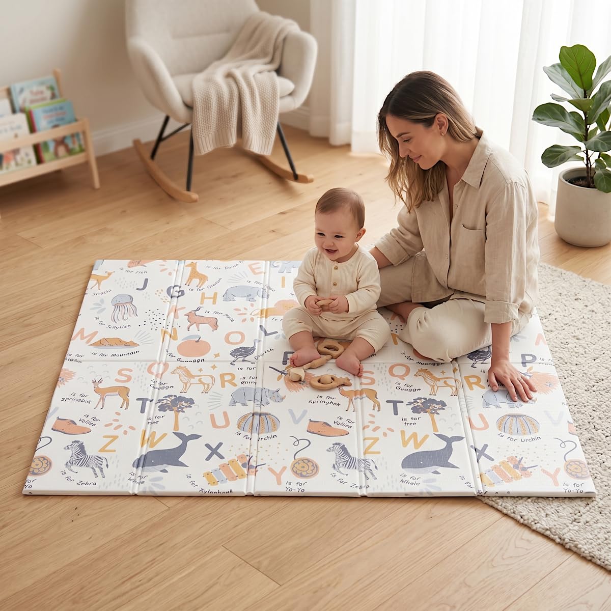 Primabobo Mata Piankowa do Zabawy 120x180cm, Duża Edukacyjna Mata Podłogowa dla Niemowląt, Wzór Alfabet i Zwierzątka Safari, Gruba Powierzchnia Izolująca, Wodoodporna, Pastelowy Design