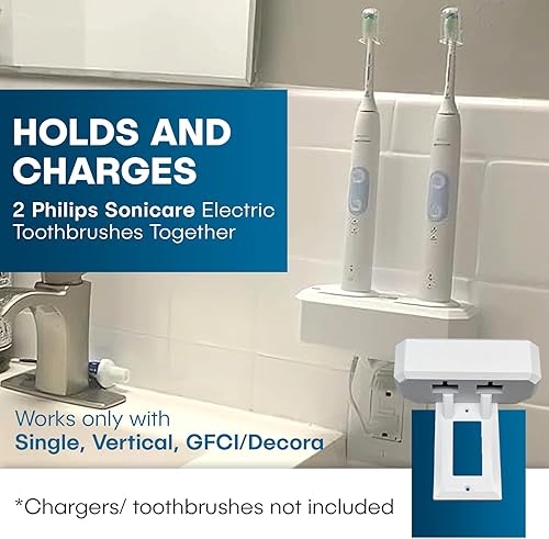 Miniatura 4 de Soporte para cepillo de dientes eléctrico, montaje en pared, compatible con Sonicare con 2 cargadores, se monta solo en una sola toma GFCIDecora.