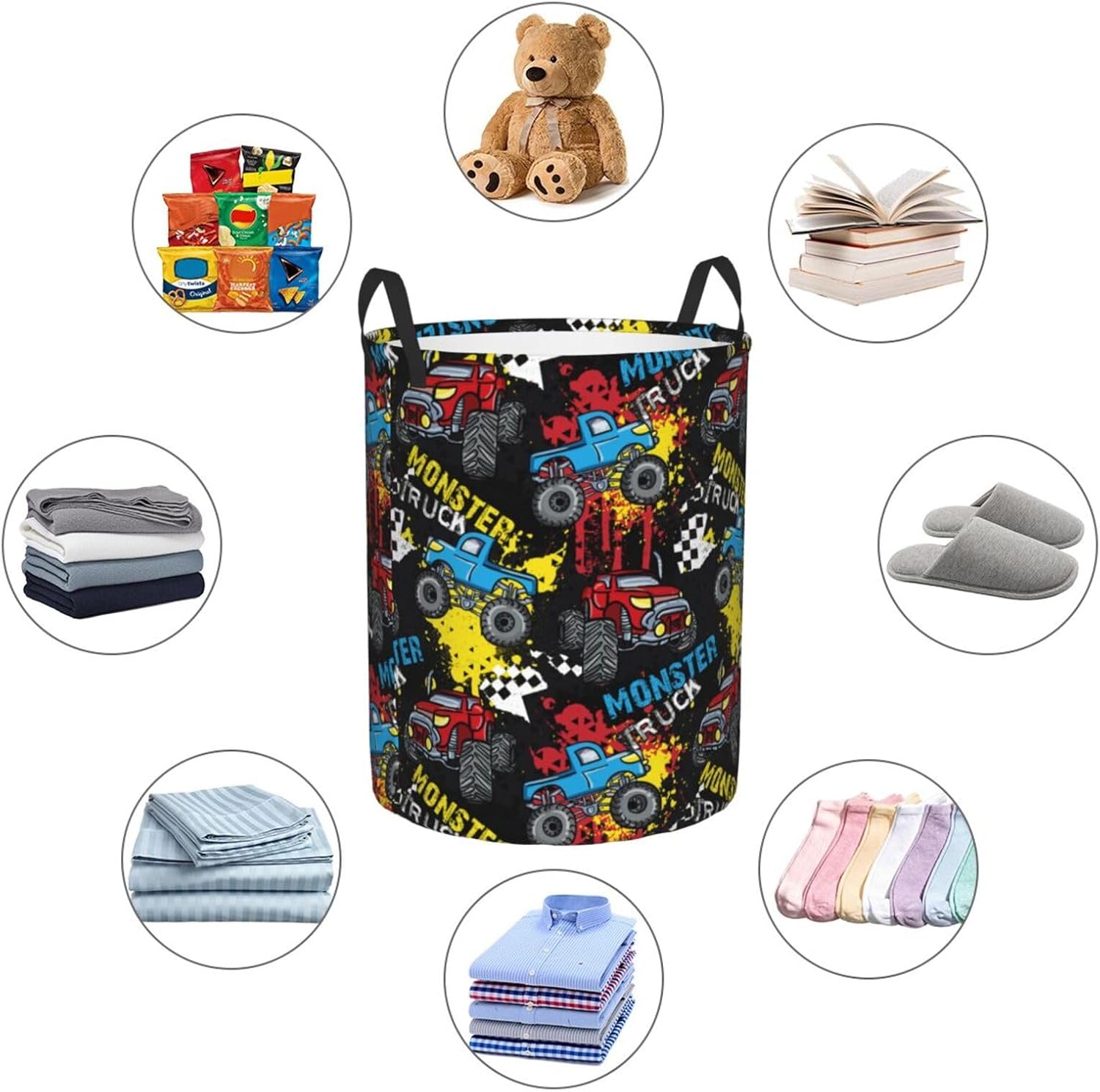 Laundry Basket Monster Truck Room Decor,Round Laundry Hamper Waterproof Dirty Clothes Hamper Collapsible Laundry Baskets With Handles,Toy/Clothes Storage Basket For Home Dorm Bathroom Decor