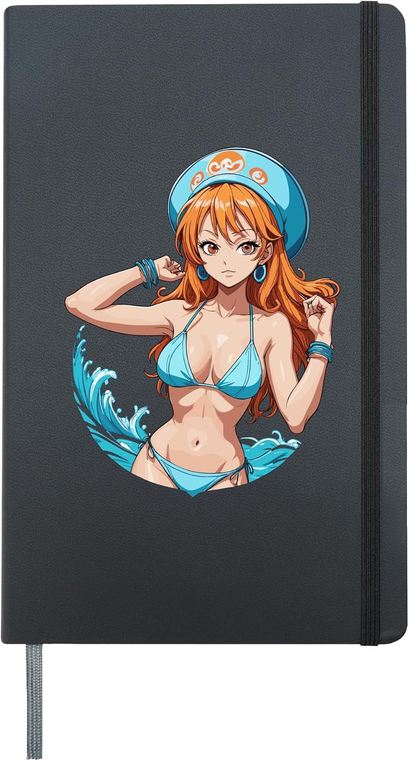 Sexy Waifu Beach Anime Girl Japanese Hardcover Journal, Black