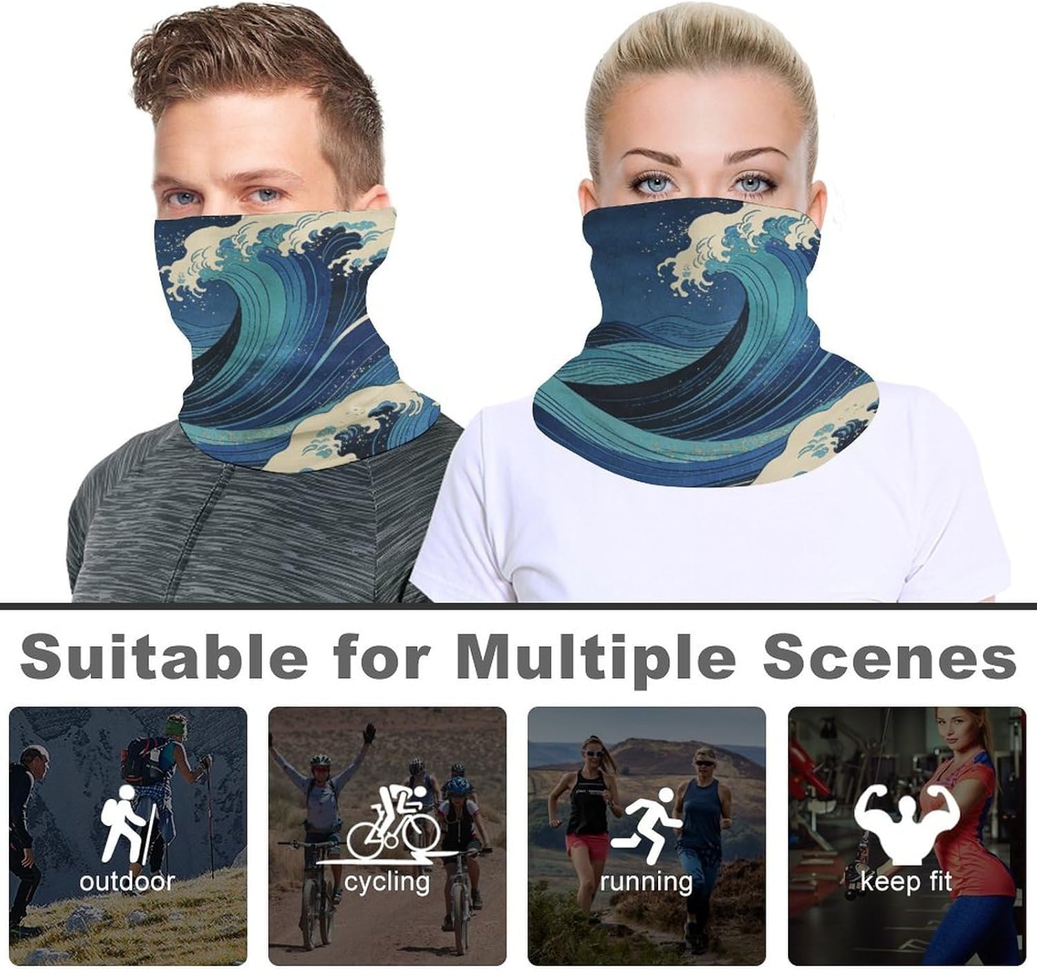 Japanese Art Wave Neck Gaiter Face Mask for Men And Women Breathable Dustproof Face Cover Scarf for Outdoor Sports Sun Protection Bandana for Fishing Hiking