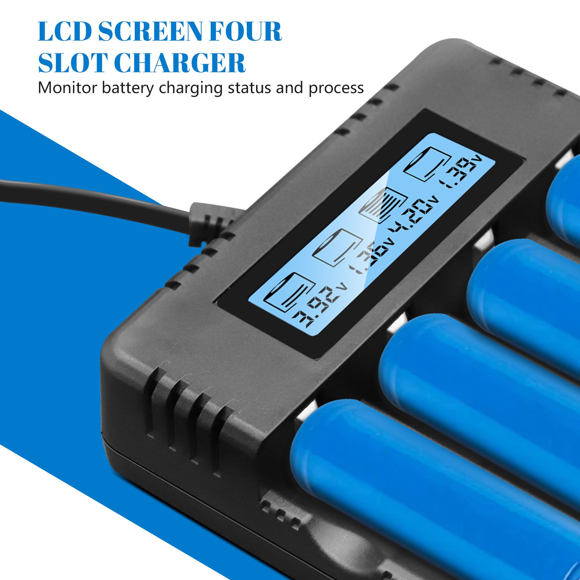 LCD Chargeur de Piles, Chargeur de Batterie avec 4 Lots de Charge Chargeur pour 3.7V 26500/18650/14500/16340/26700 Lithium