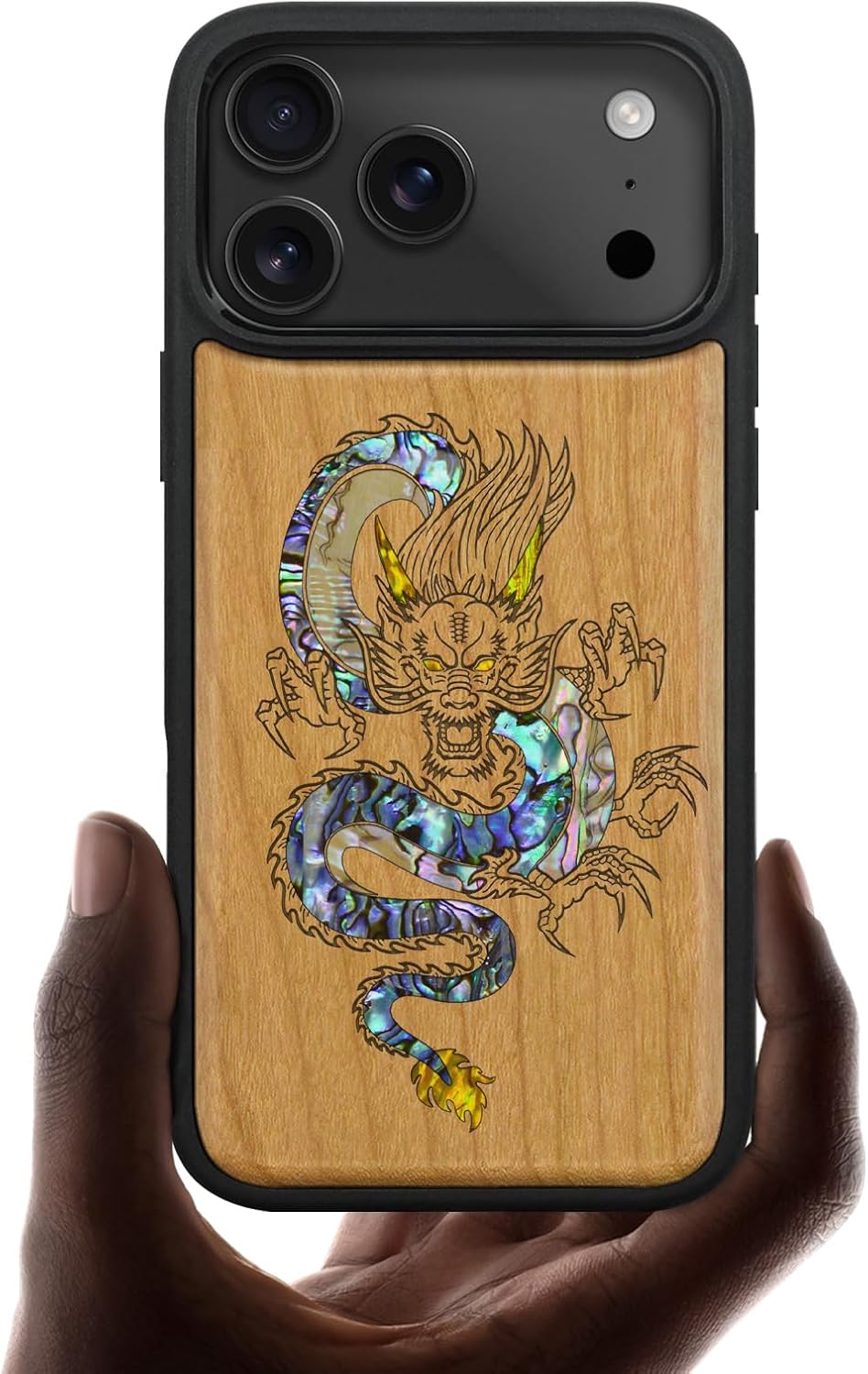 Carveit Magnetic Case for iPhone 17 Pro Max Case, Wood Artisan Engraved & Handmade Shell Inlaid, TPU Shockproof Cover, Compatible with MagSafe Wireless Chargers (Shell Yin Yang Wolf-Blackwood)