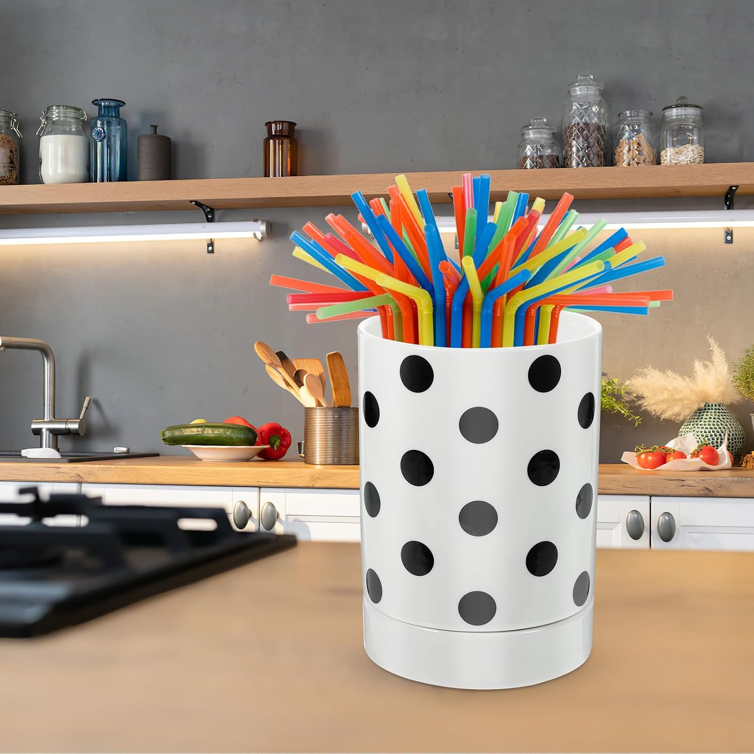 OSALADI Ceramic Utensil Holder with Drainage, Large Capacity Cutlery Container and Chopstick Organizer for Kitchen Counter Storage, Polka Dot Tableware Crock for Home Use