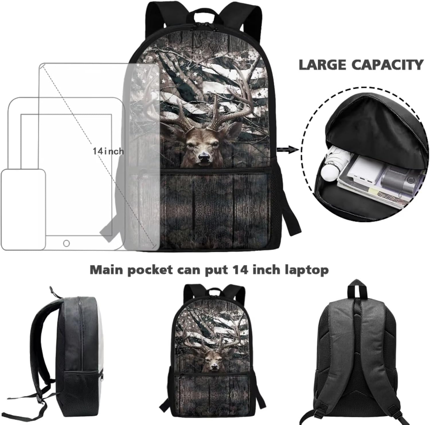 JEOCODY Kids Bookbag Camo Hunting Deer Backpack and Lunch Box Set, Boys Girls American Flag School Bag Water Bottle Holder and Pencil Pouch Girls Daypack Back to School Accessories