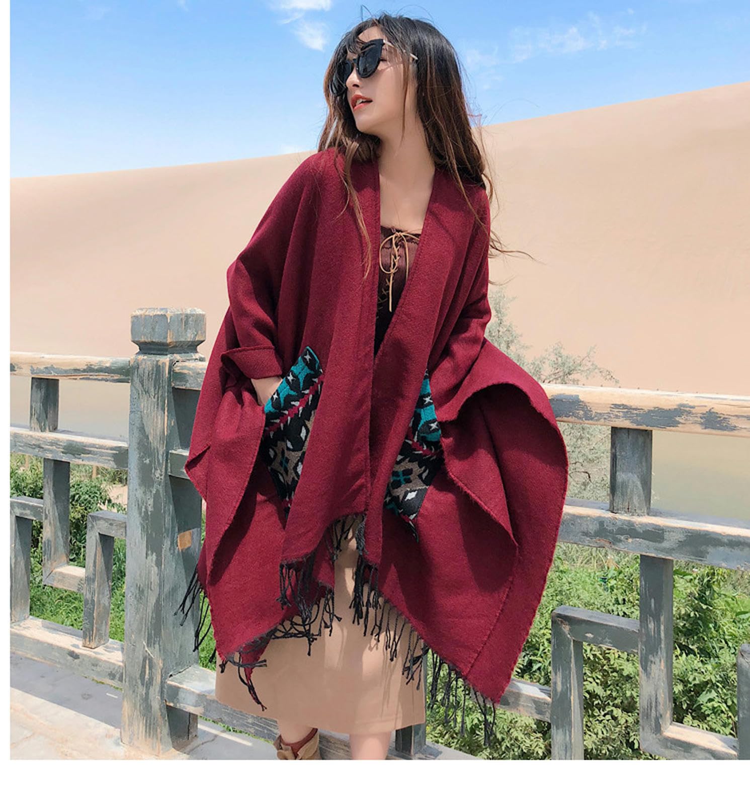 Sciarpa Donna Sciarpa in Cashmere Imitazione con Grandi Fessure per Uomini E Donne Scialle Sciarpa Autunno E Tasca Invernale Cape Shawl-rosso-130 * 150 Cm