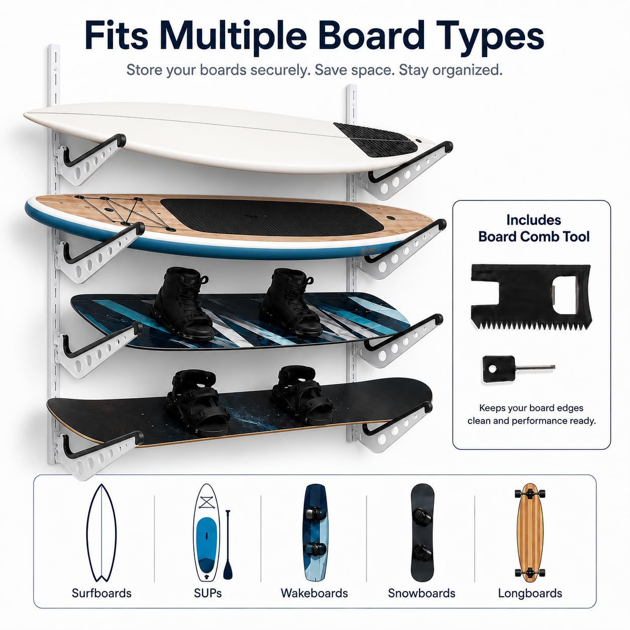 Katai Soporte de pared para tabla de surf – Soporte de pared ajustable para tablas de surf, SUP, tablas de snowboard, wakeboards y longboards – Incluye herramienta de combo de tabla