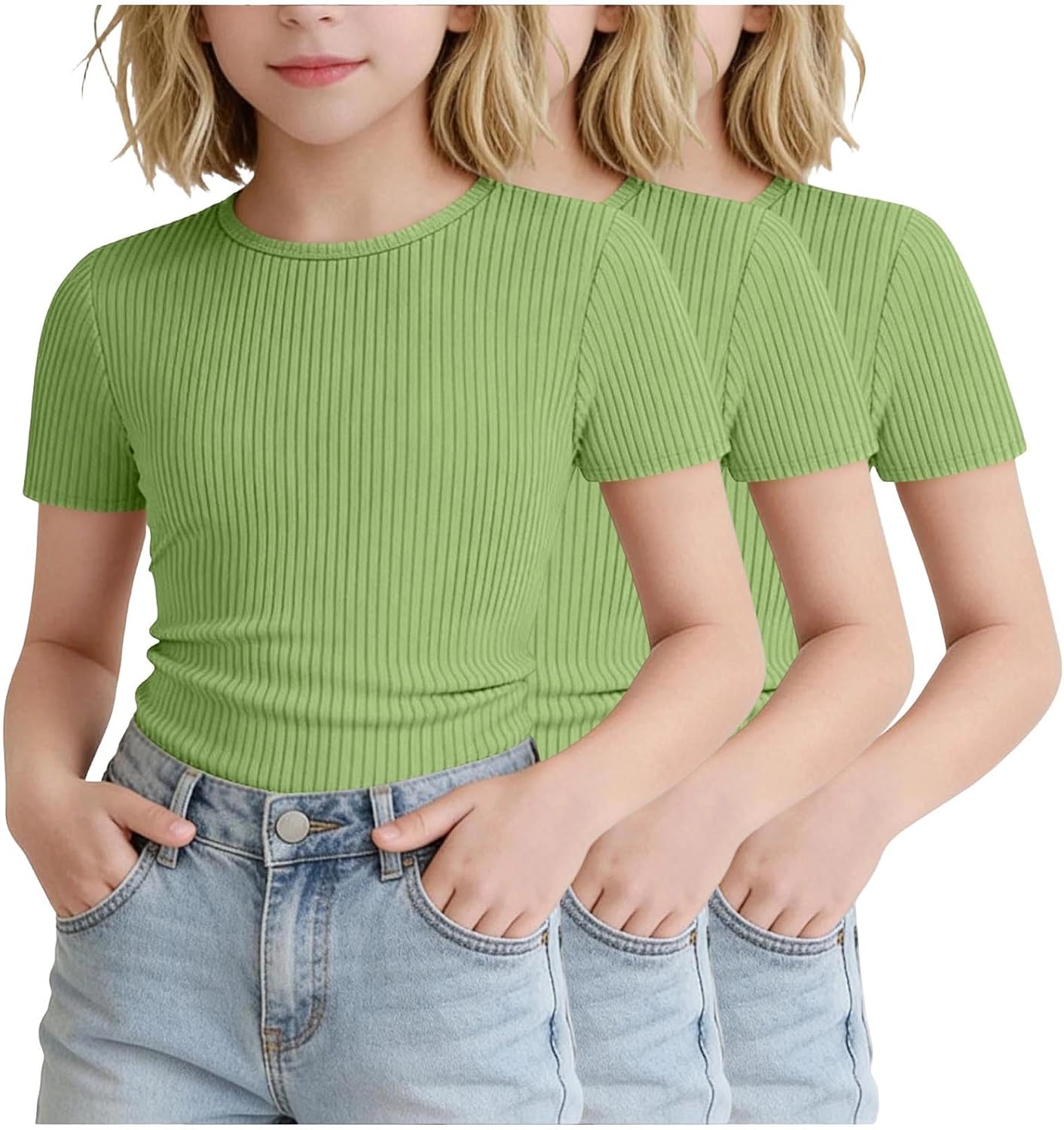Girls 3 Pack Ribbed Knit Short Sleeve T-Shirts, Crew Neck Slim Fit Basic Tees, Soft Stretchy Casual Tops for Kids