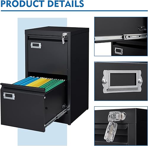 Miniatura 7 de BYNSOE Archivador de 2 cajones con cerradura, de metal, vertical, archivador vertical de acero para oficina o hogar, archivador vertical para tamaño