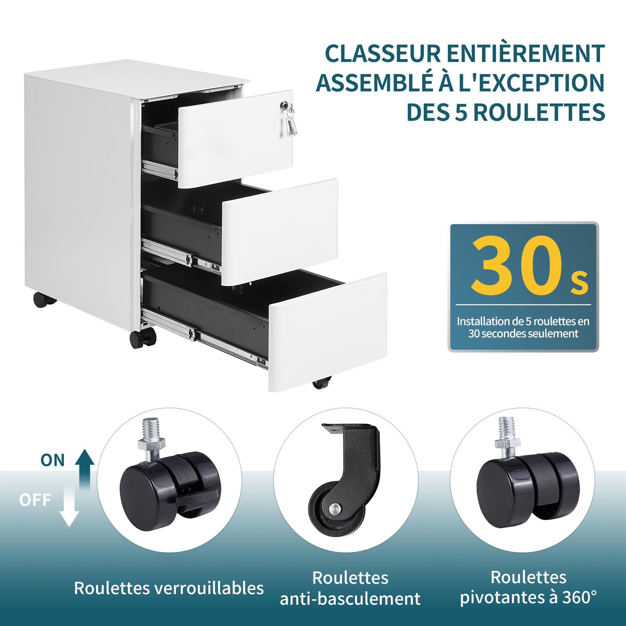 Caisson de Bureau Mobile, Verrouillable, 4 Clés, Meuble Tiroir Bureau, Caisson Tiroir, Rangement pour Documents et Papeterie, Blanc