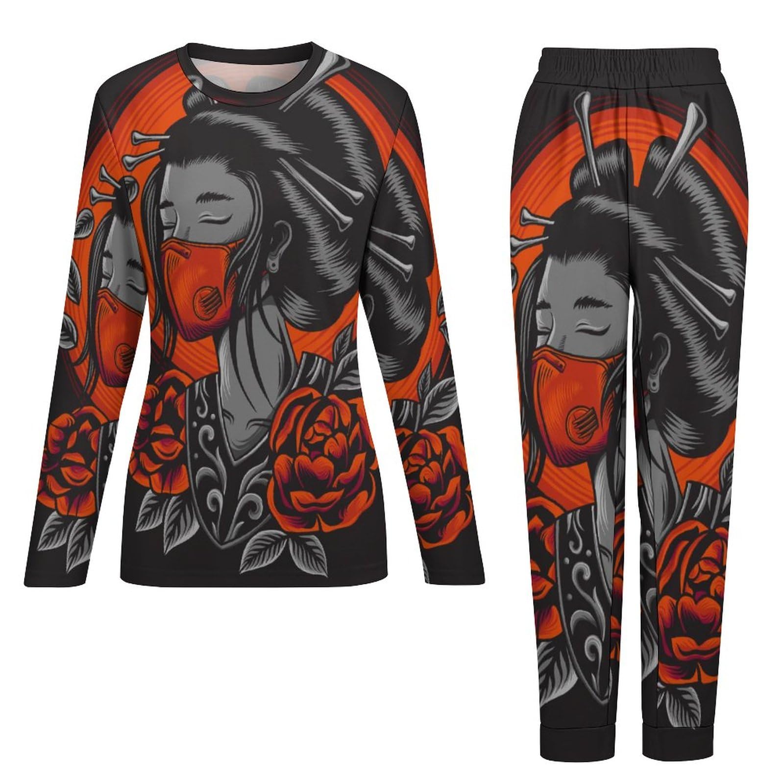 UMENG Japanisches Mädchen Damen Schlafanzug Lange Pyjama Set Zweiteiliger Nachtwäsche Langarm Hausanzug Sleepwear