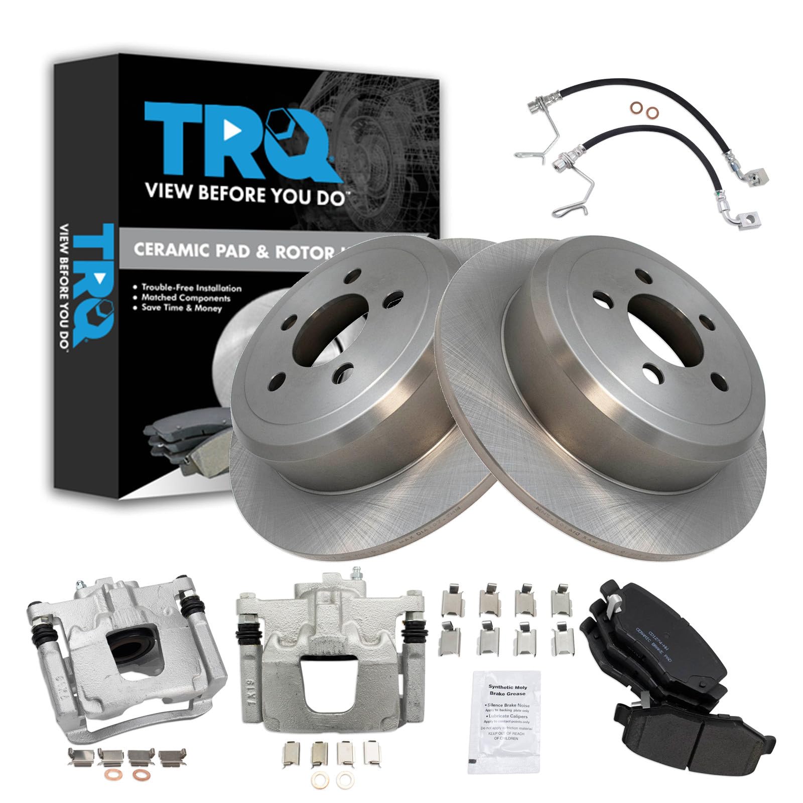 TRQ Rear Brake Pad and Rotor Set Ceramic Calipers Compatible with 2008-2012 Jeep Liberty